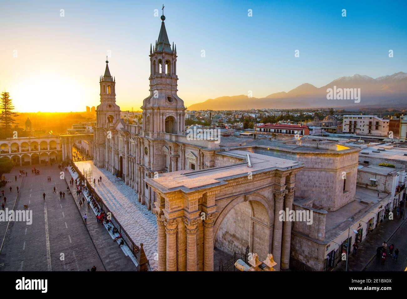 The Basilica Cathedral of Arequipa on sunset Stock Photo