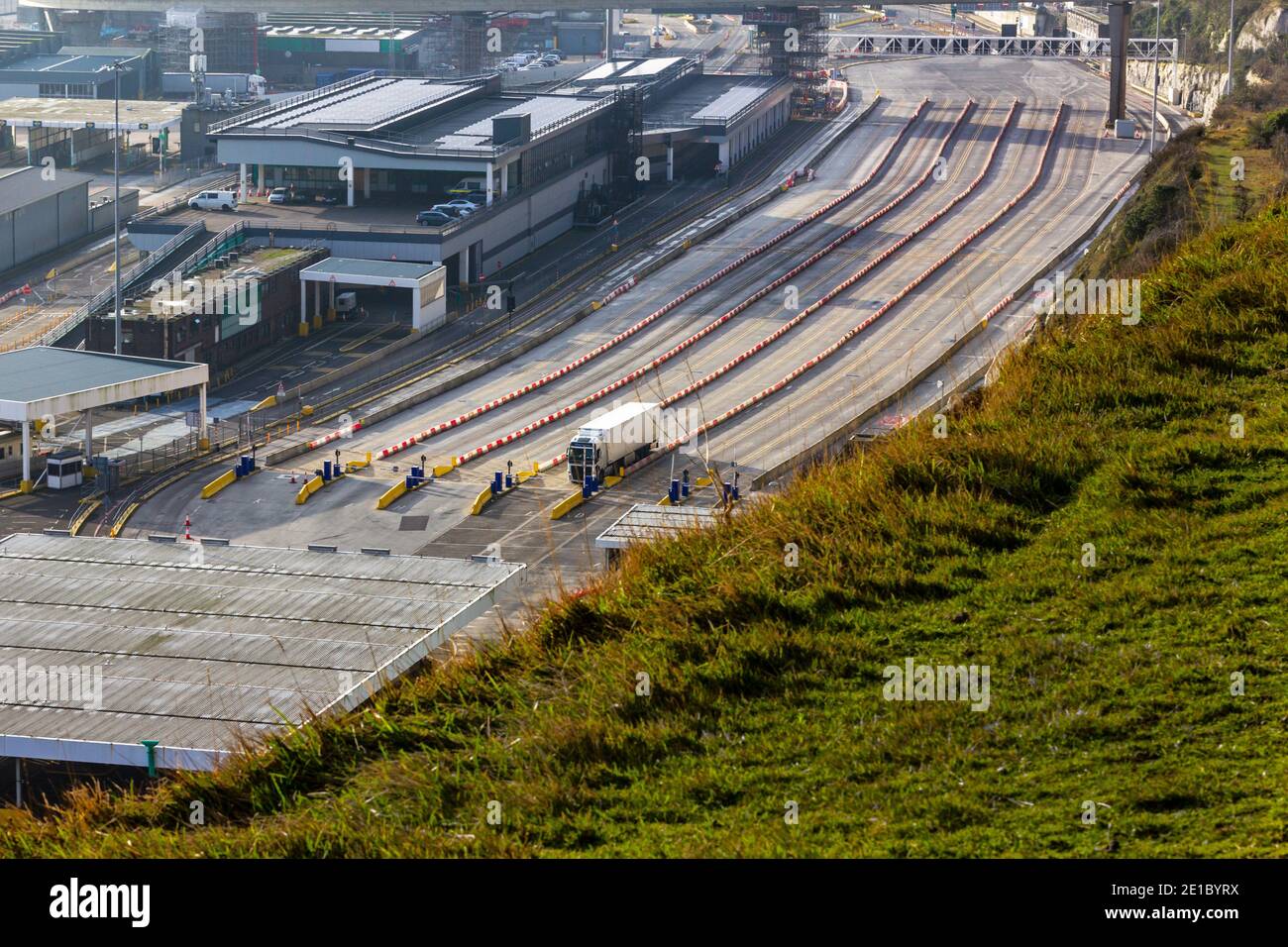 Empty Port of Dover on 1st January 2021. The day the UK left the EU. All quiet on the roads in and around Dover. Stock Photo