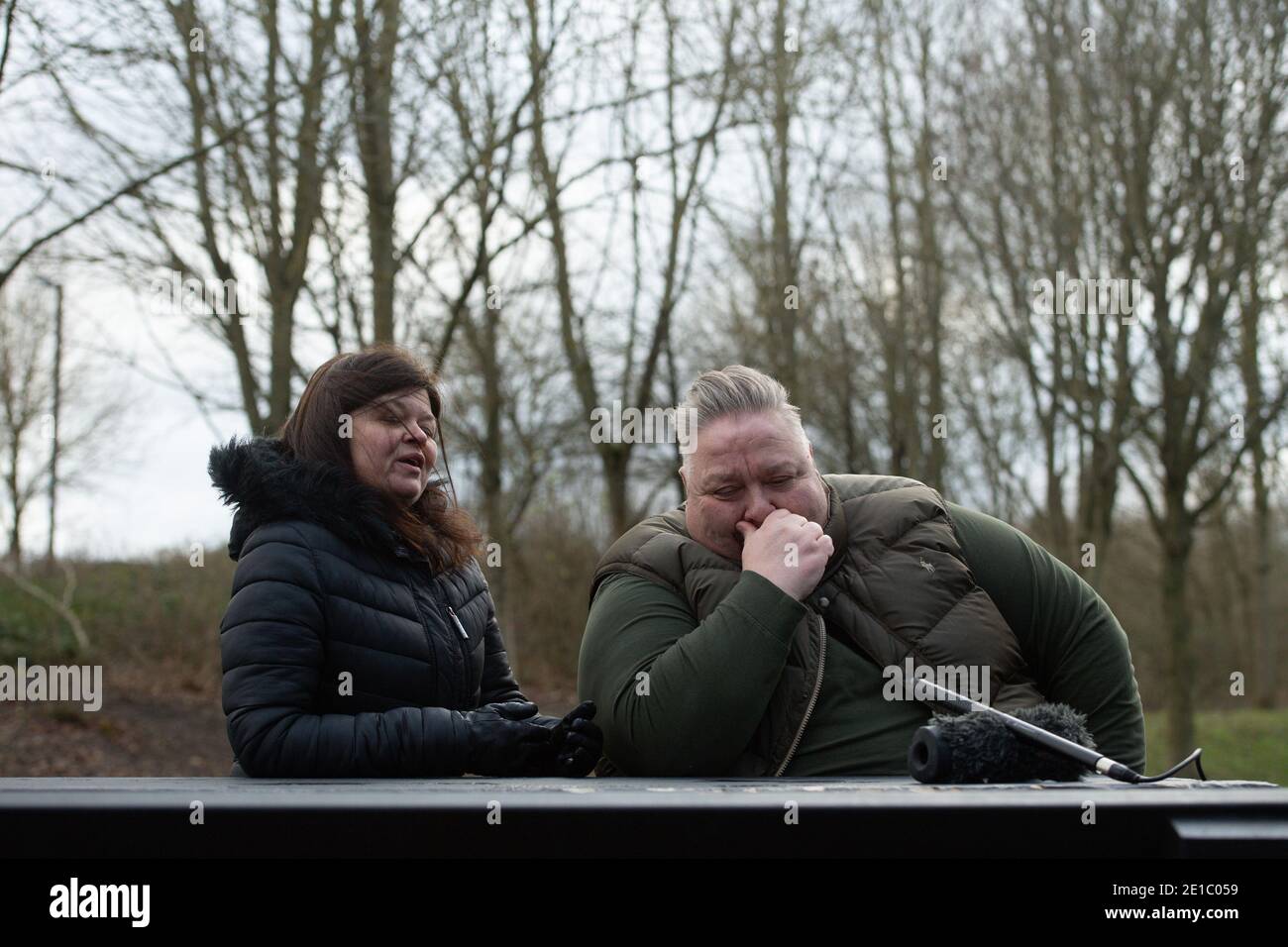 The parents of Ben Gillham-Rice, Suzanne Gillham and Jason Rice, speaking to media in Milton Keynes before the sentencing of three men and two teenagers for the murders of Dom Ansah and Ben Gillham-Rice at a birthday party in Milton Keynes in October 2019. Stock Photo