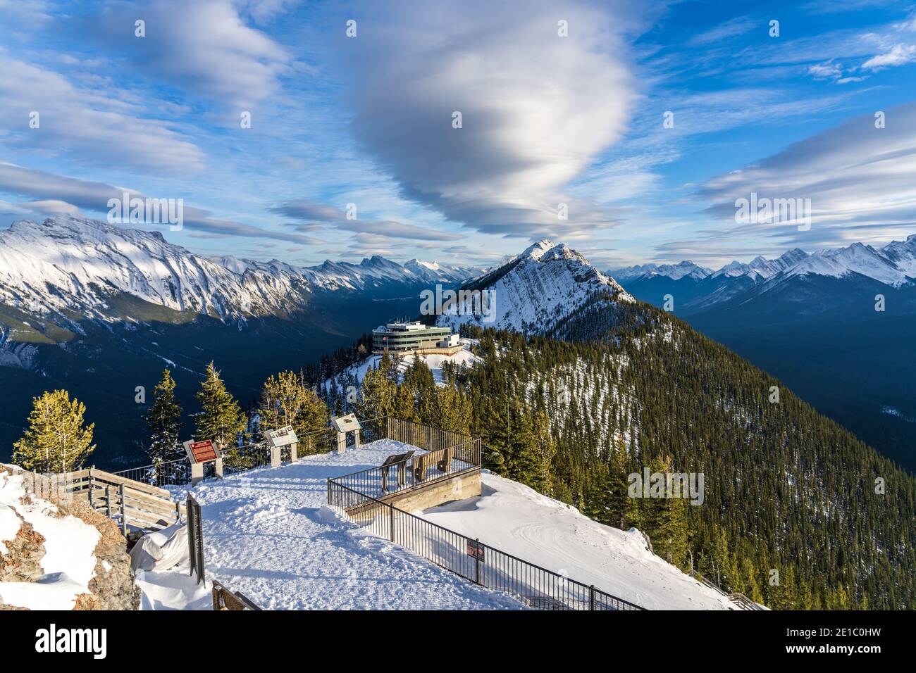Sulphur Mountain trail, wooden stairs and boardwalks along the summit. Banff National Park, Canadian Rockies. AB, Canada Stock Photo