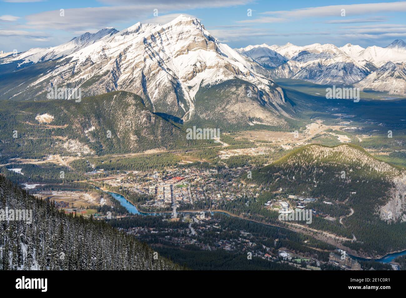 Overlook view Town of Banff, Cascade Mountain and surrounding snow