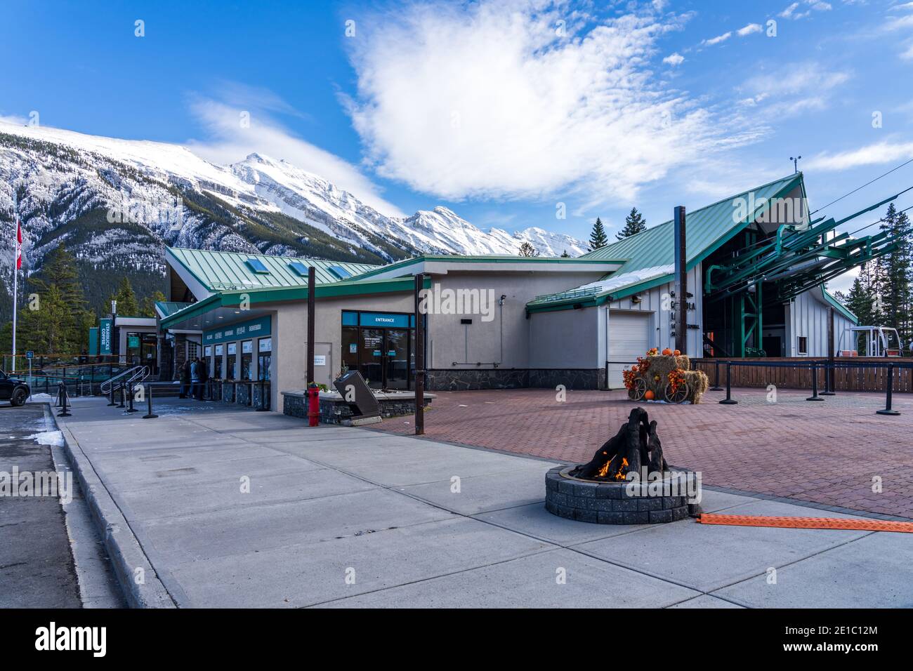 Banff Gondola station in early winter time during the Halloween event. Banff National Park, Canadian Rockies. Stock Photo