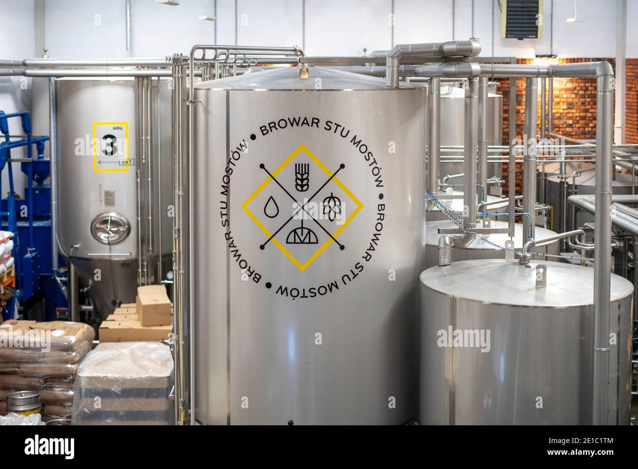 Wroclaw, Poland - July 22, 2020: Tanks full of beer in Browar Stu Mostów Brewery in center of the city Stock Photo
