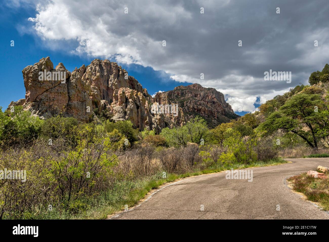 Storm clouds building up over rhyolite cliffs around Sunny Flat Campground in Cave Creek Canyon