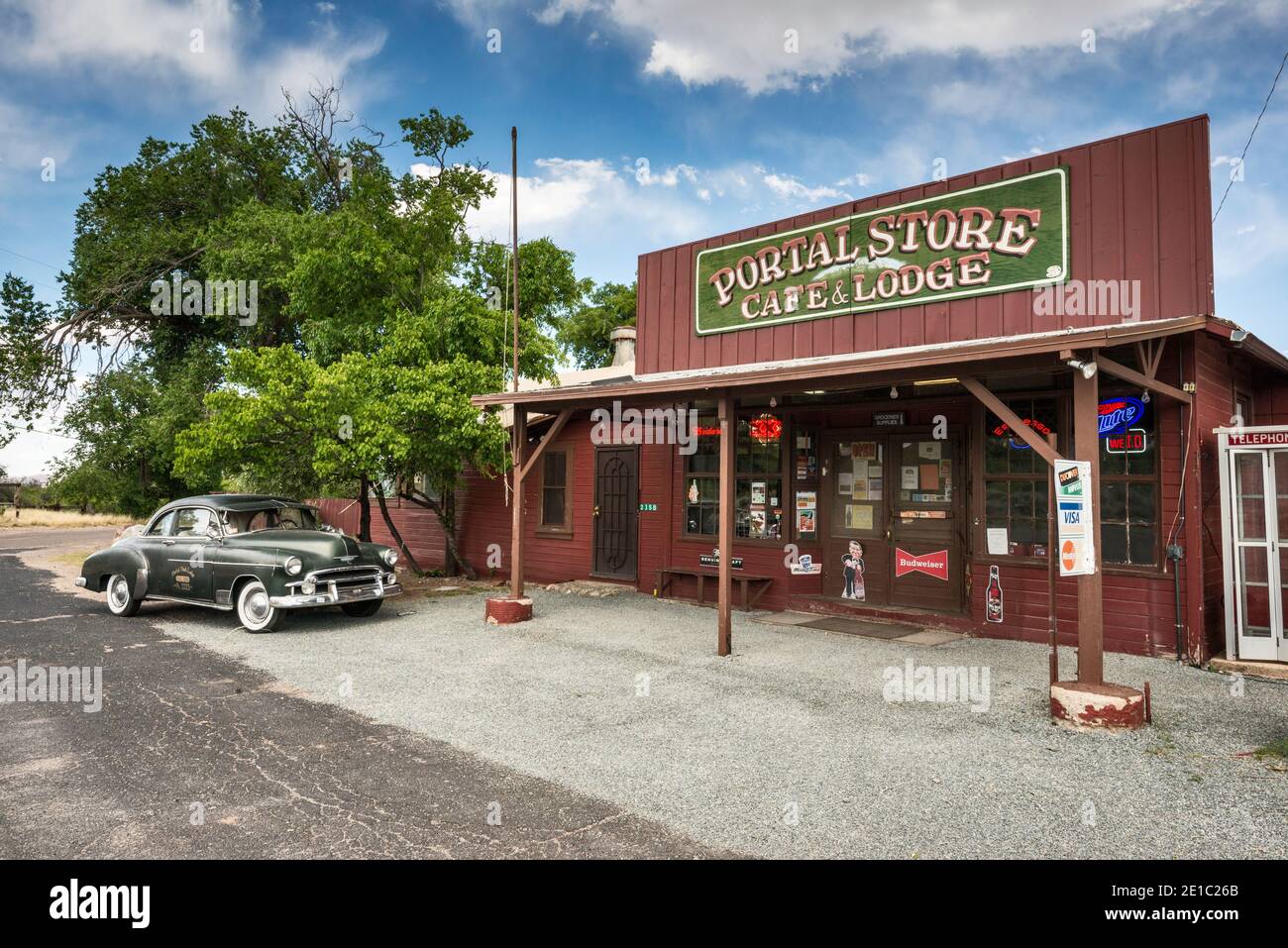 1950's Chevrolet Deluxe, 2-door, with Powerglide transmission, at Portal Store, near Cave Creek Canyon in Chiricahua Mountains, Portal, Arizona, USA Stock Photo