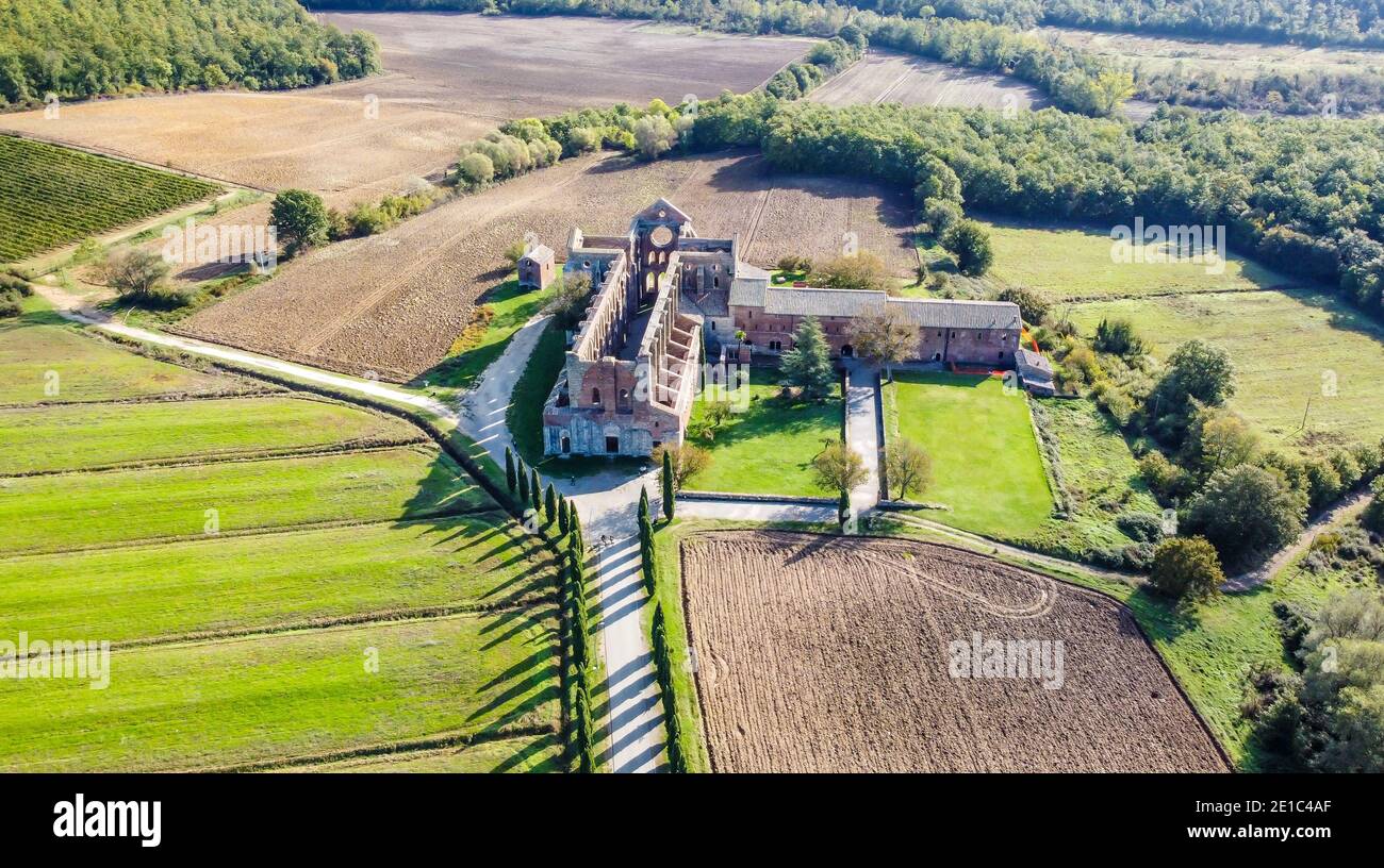 Aerial view of the abbey of San Galgano. is located about 25 miles from Siena, in southern Tuscany, Italy, Siena region. The Cistercian Abbey Stock Photo