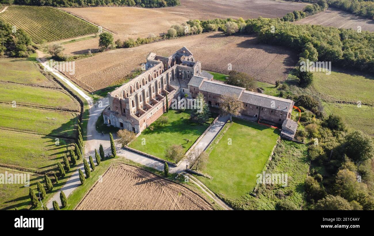 Aerial view of the abbey of San Galgano. is located about 25 miles from Siena, in southern Tuscany, Italy, Siena region. The Cistercian Abbey Stock Photo