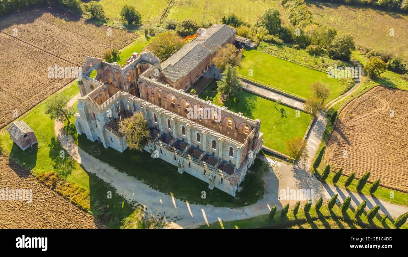 Aerial view of the abbey of San Galgano. is located about 25 miles from Siena, in southern Tuscany, Italy, Siena region. The Cistercian Abbey Stock Photo