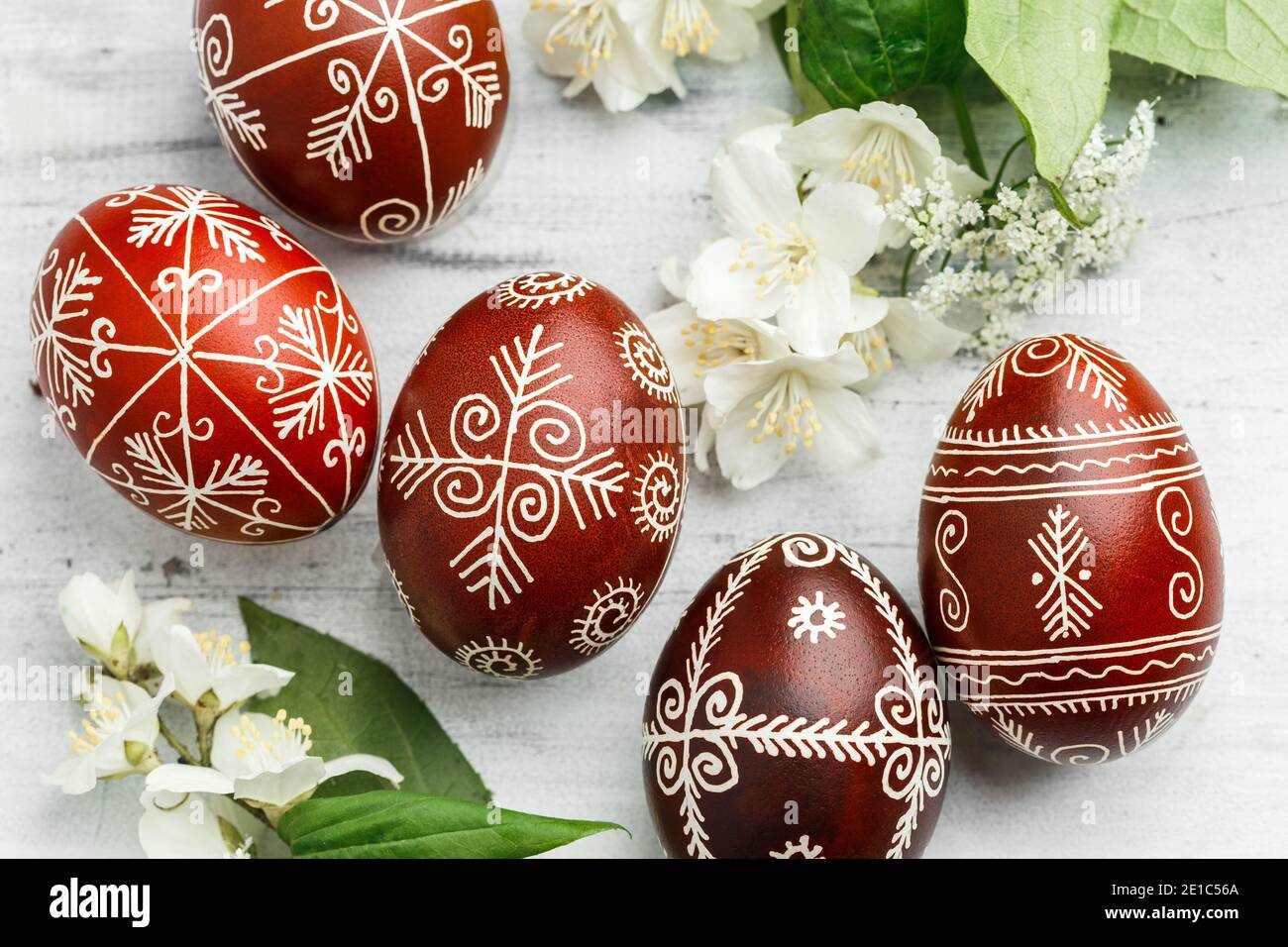 Red and black handmade Easter Pysanka eggs. Ukrainian pysanky decorated ...
