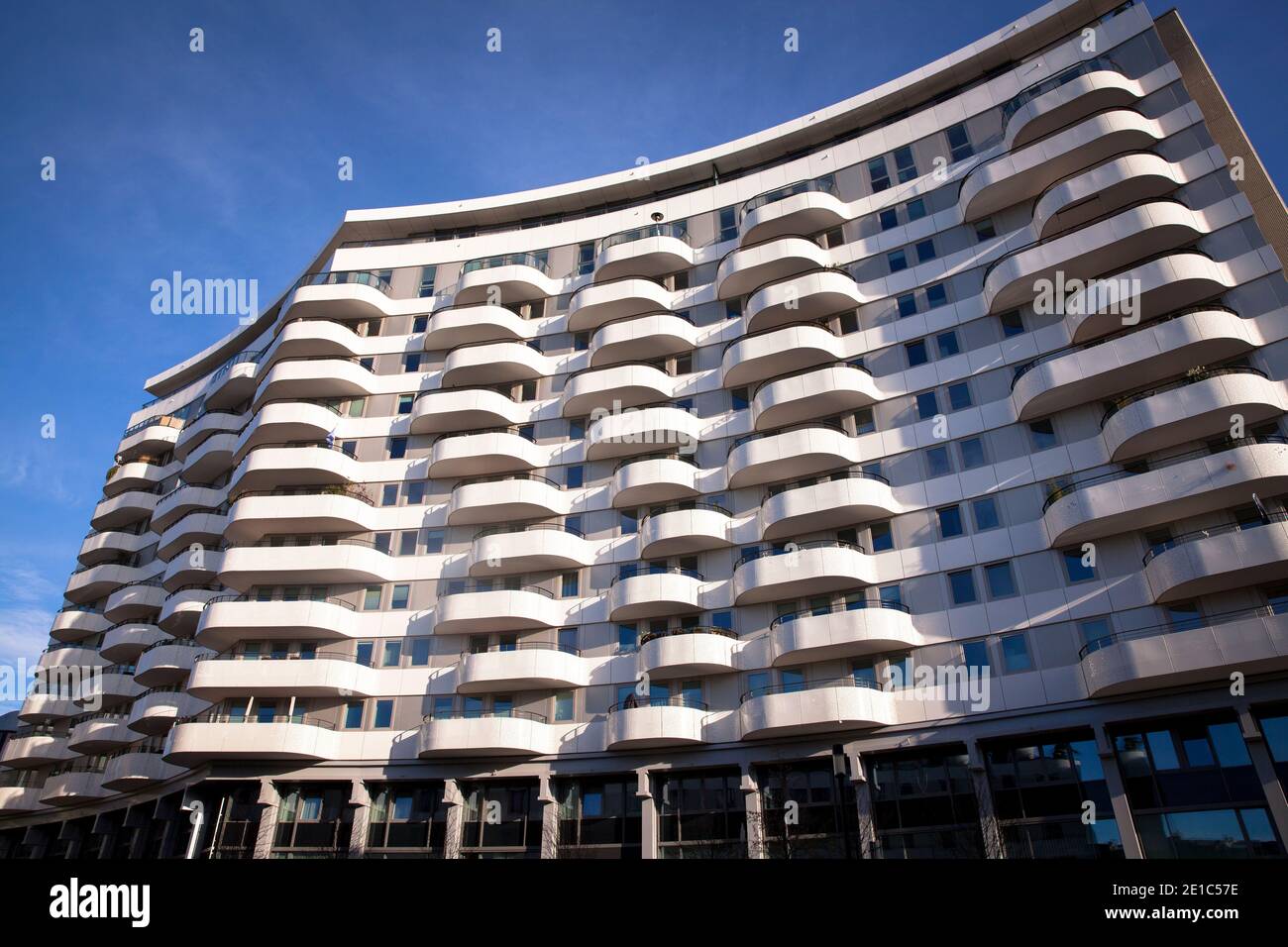 balconies of the apartment building Flow Tower in the district Bayenthal, Cologne, Germany.  Balkone des Flow Tower im Stadtteil Bayenthal, Koeln, Deu Stock Photo