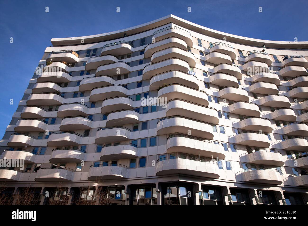 balconies of the apartment building Flow Tower in the district Bayenthal, Cologne, Germany.  Balkone des Flow Tower im Stadtteil Bayenthal, Koeln, Deu Stock Photo