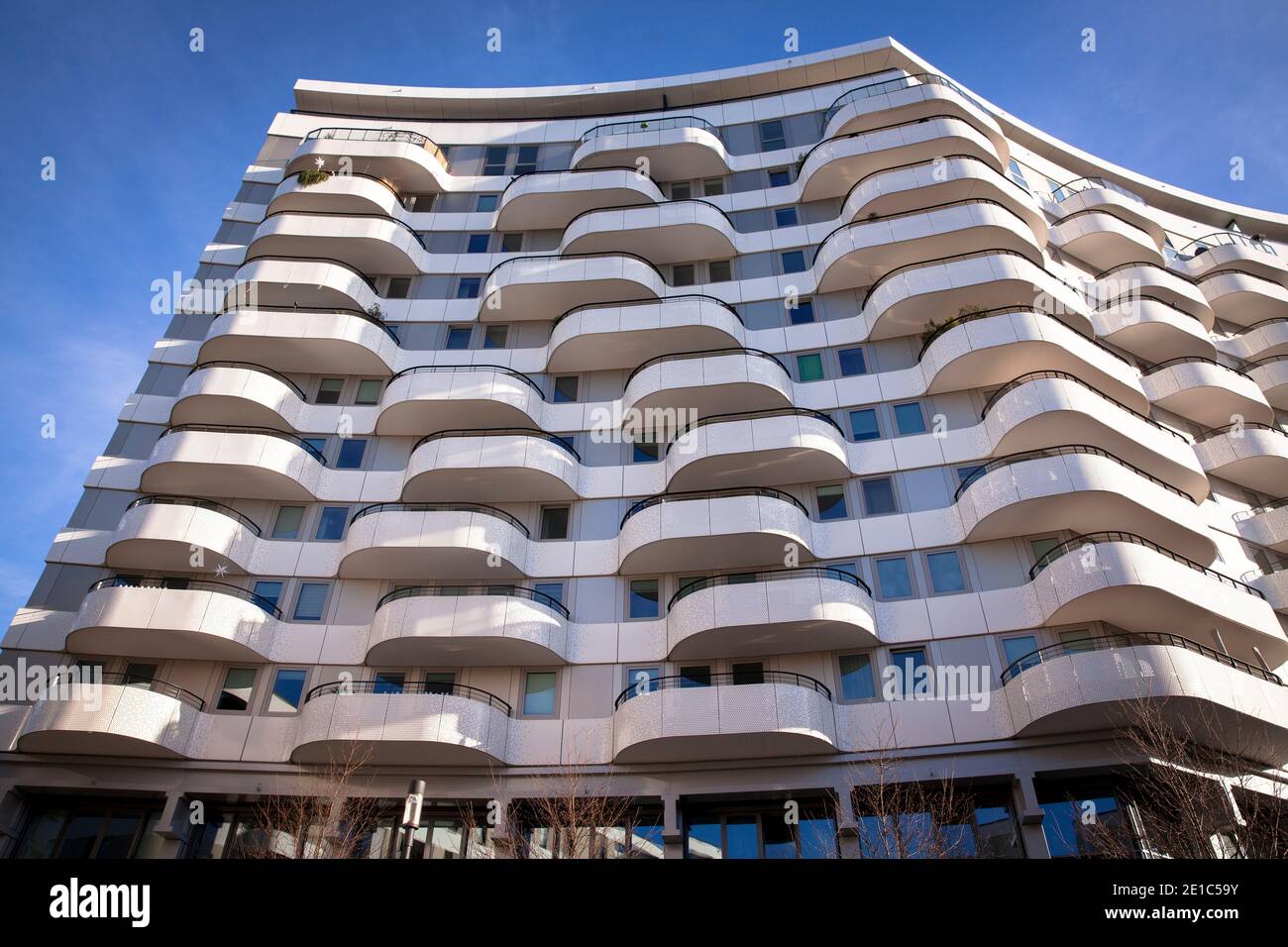 balconies of the apartment building Flow Tower in the district Bayenthal, Cologne, Germany.  Balkone des Flow Tower im Stadtteil Bayenthal, Koeln, Deu Stock Photo
