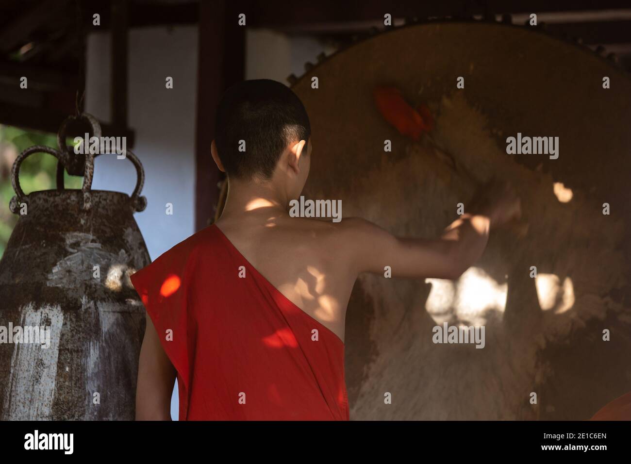 Buddhist monks on everyday morning traditional alms giving in Luang Prabang, Laos. Stock Photo