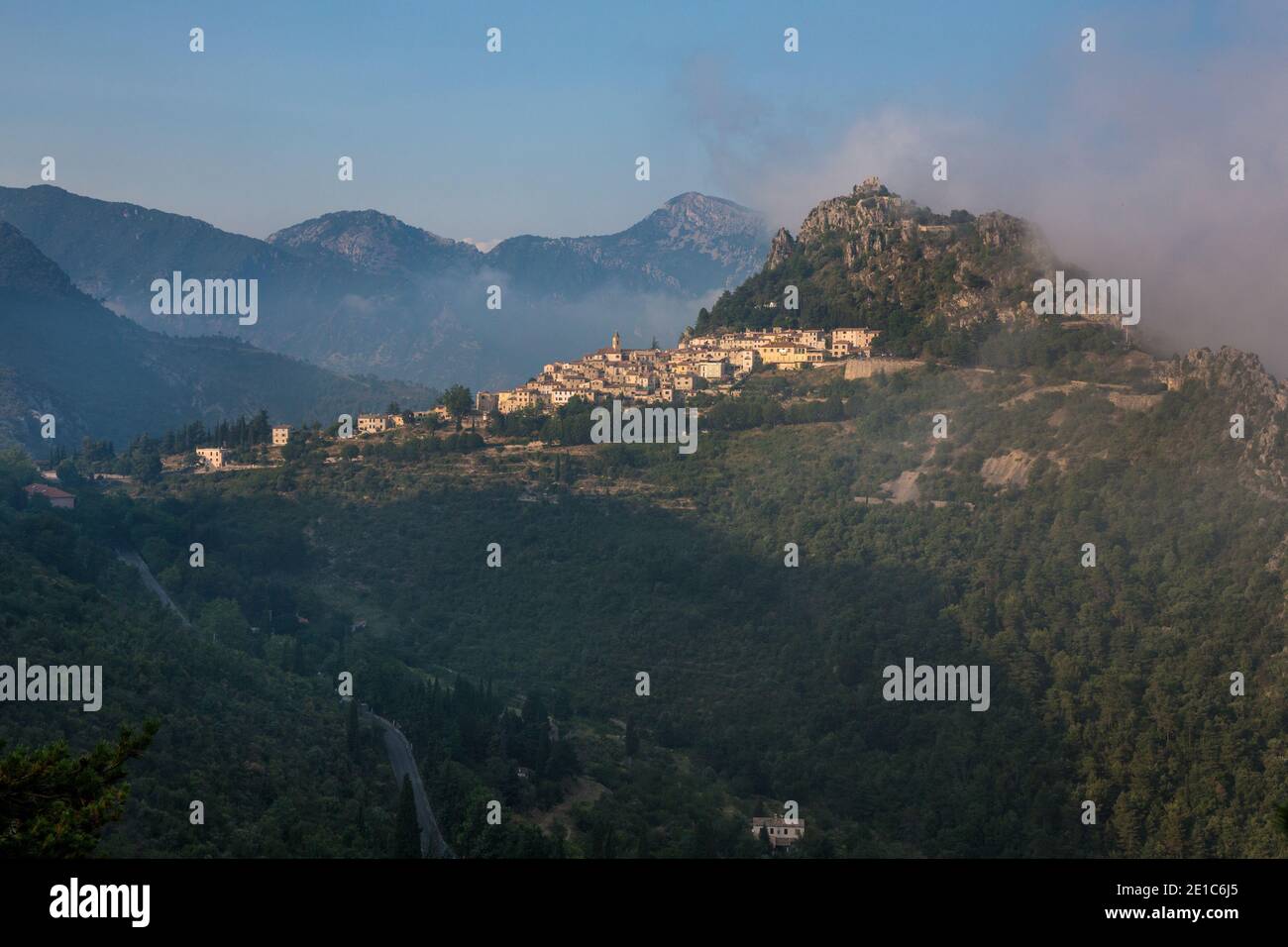 Evening mist about to enshroud Sainte Agnes, a commune in the Alpes