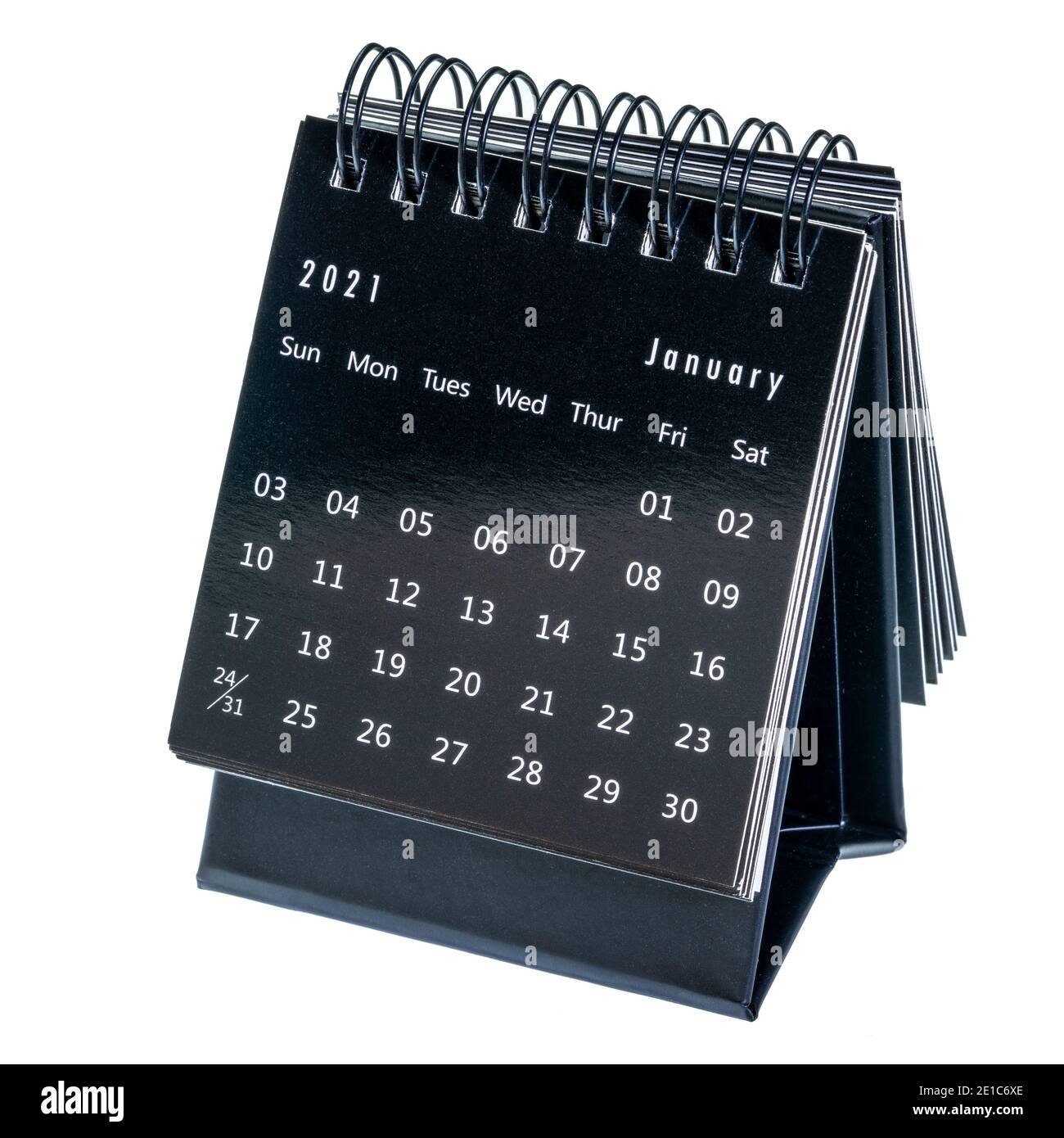 January 2021 - spiral desktop calendar isolated on white, time and ...