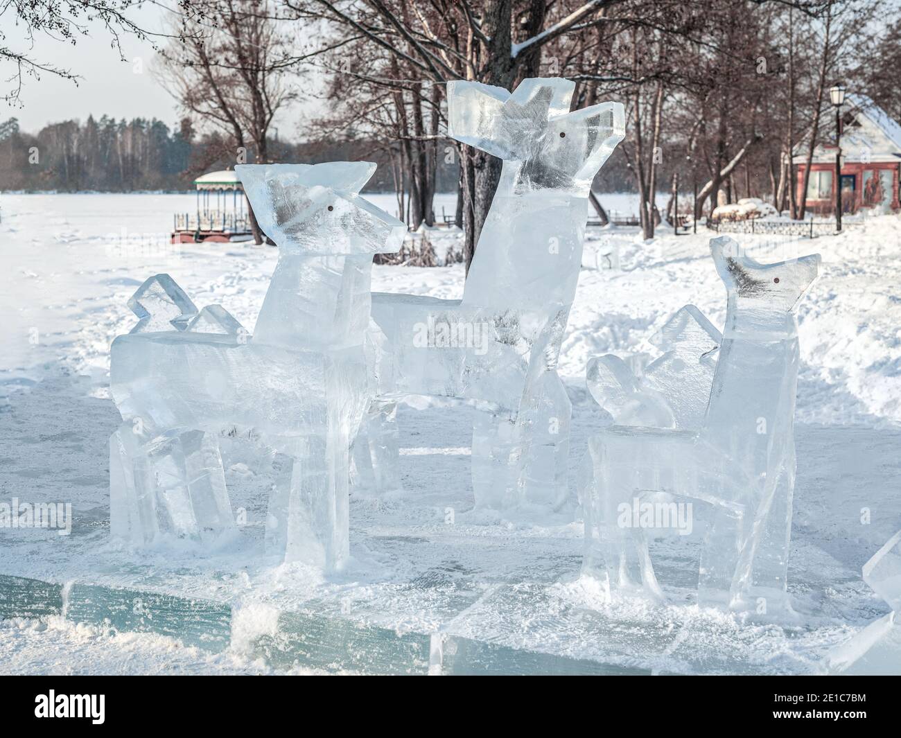 Kazan, Russia - january 3, 2021: ice sculptures deer. Ice installation. Sculptural image of deer made of ice. Winter sculptures Stock Photo