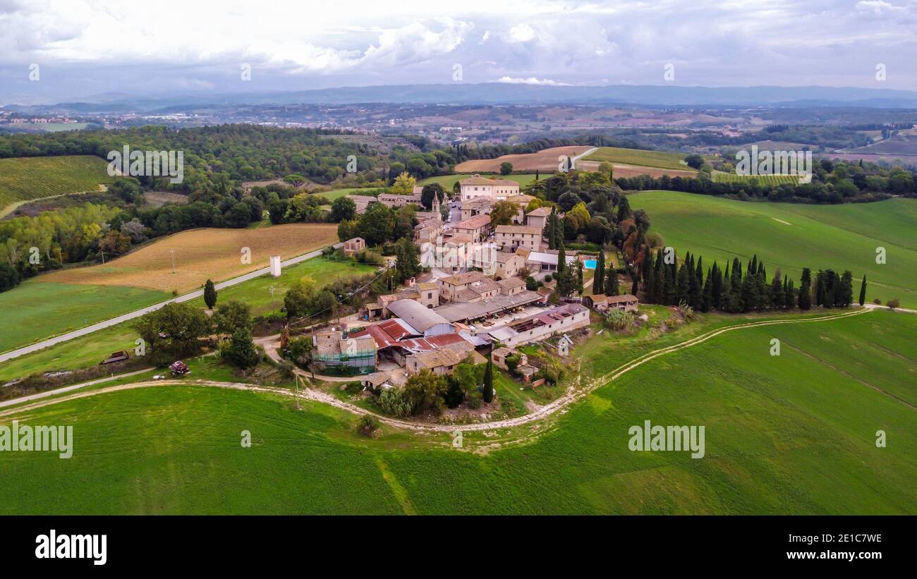 aerial view of tuscan hill in Colle di Val d'elsa, Chianti region, Siena province. Tuscany region, Italy. Farmhouse Tenuta di Mensanello. Stock Photo