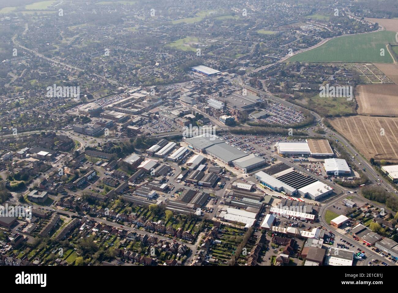 aerial view of Waterlooville town centre looking across Wellington Retail Park & retail units on Arnside Road Stock Photo