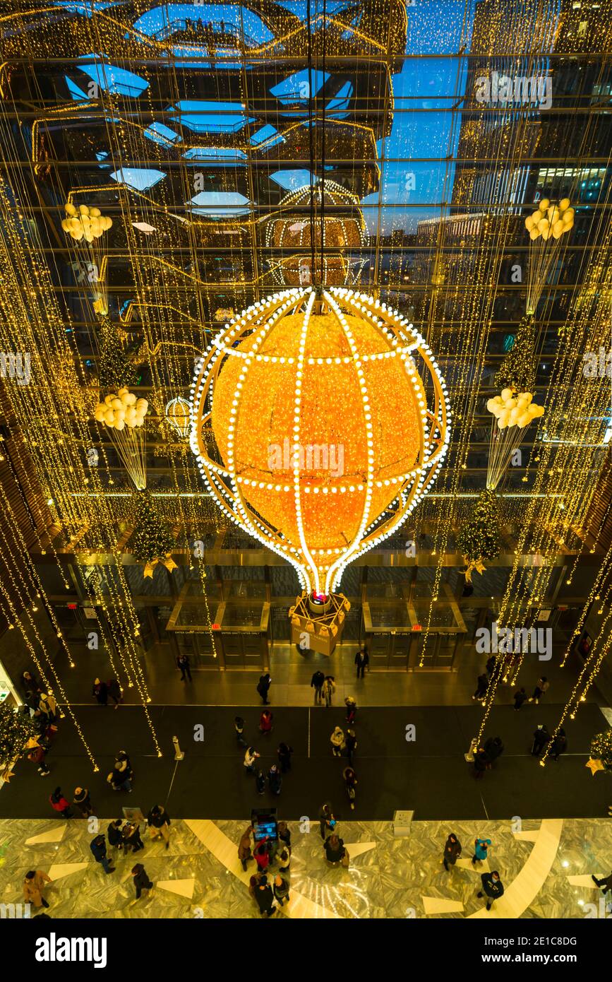 Balloon glows in Christmas colors at Hudson Yards during the Winter