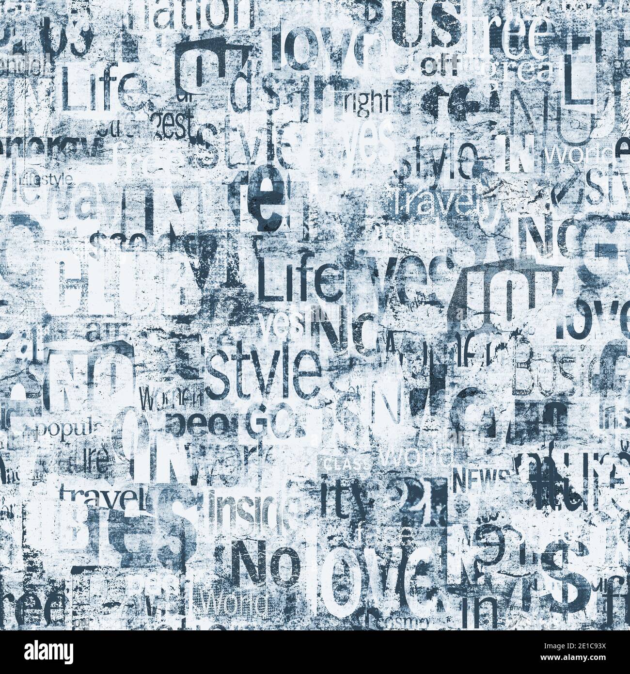 abstract grunge urban words letters seamless pattern aged newspaper magazine textured paper background blue white collage repeating texture print stock photo alamy