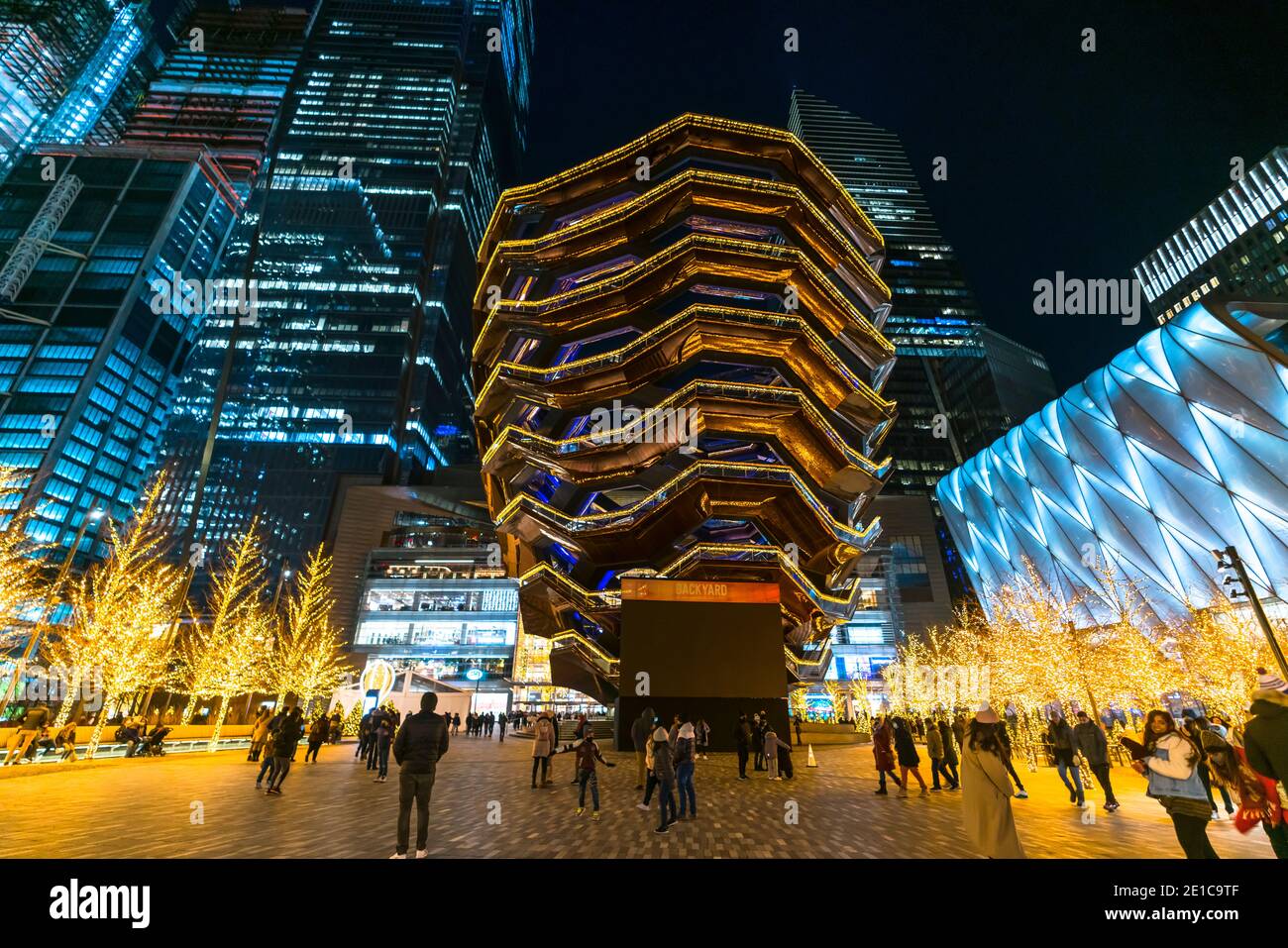 The Vessel decorated by Christmas lights at Hudson Yards during Winter