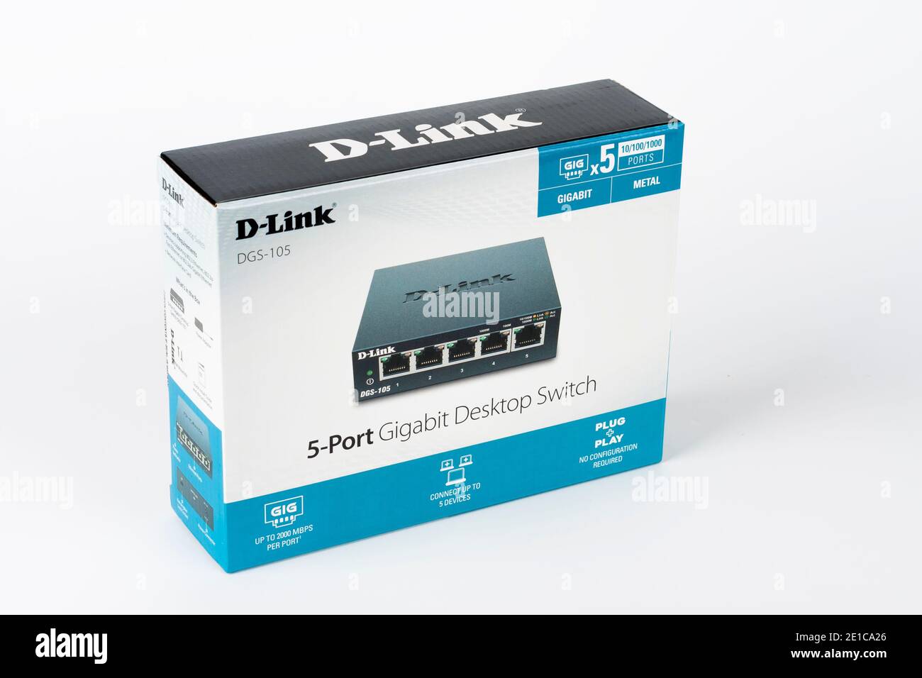 Brnenec, Czech Republic - January 31, 2020: Paper box, inside D-link DGS-105 5-port gigabit desktop switch. D-link is a Taiwanese networking equipment Stock Photo