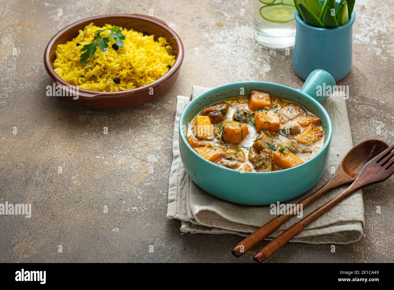 Pumpkin curry with chicken with rice biriani, copy space Stock Photo