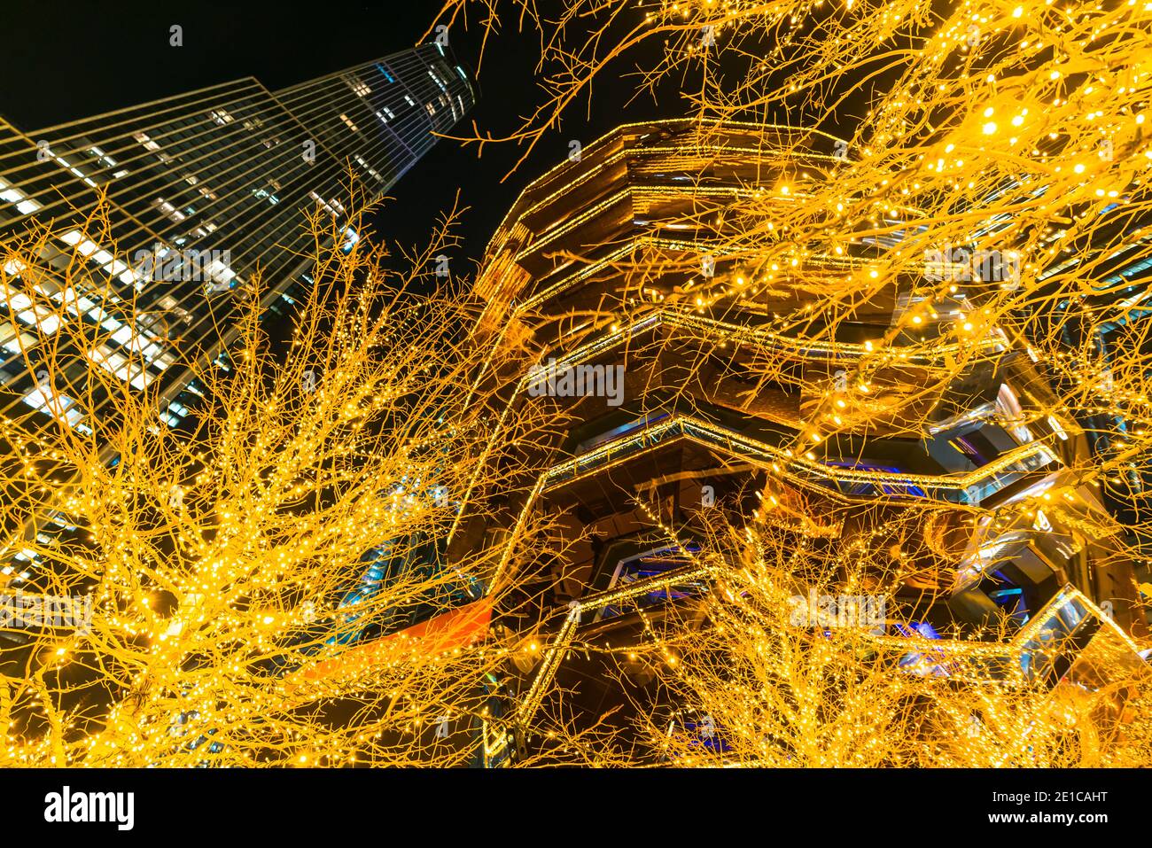 Illuminated Christmas trees surround the Vessel in Hudson Yards Stock