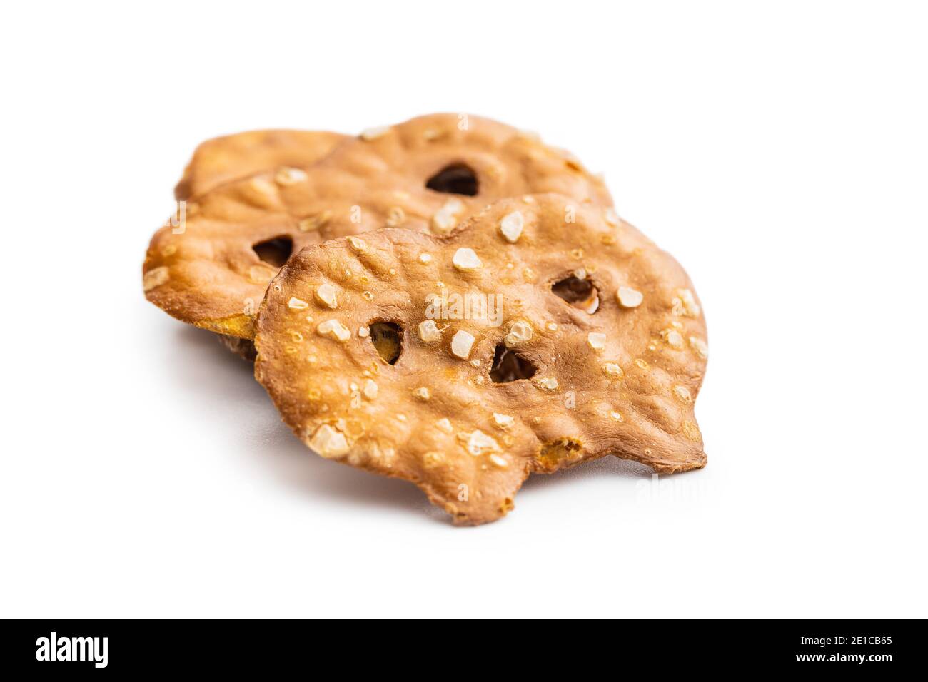 Salted mini flat pretzels isolated on white background. Stock Photo