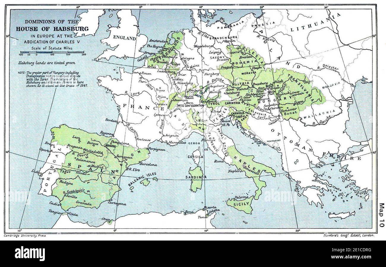 Habsburg lands (in green), following the Battle of Mühlberg in 1547