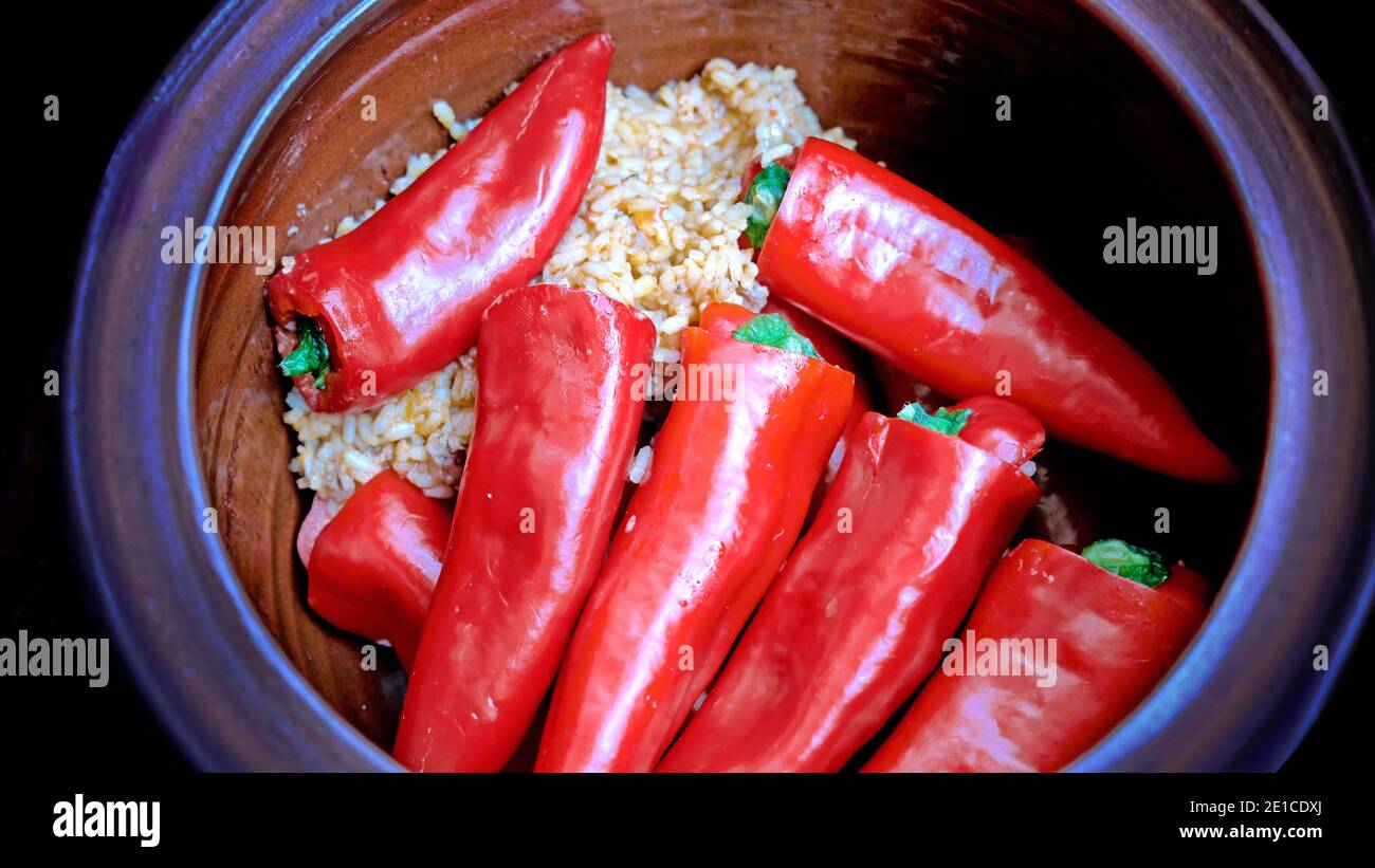 Traditional bulgarian meal stuffed peppers with rice Stock Photo