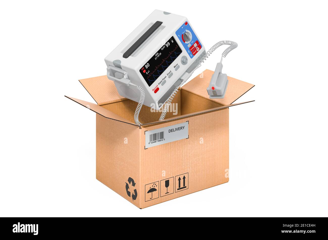 Automated external defibrillator inside cardboard box, delivery concept