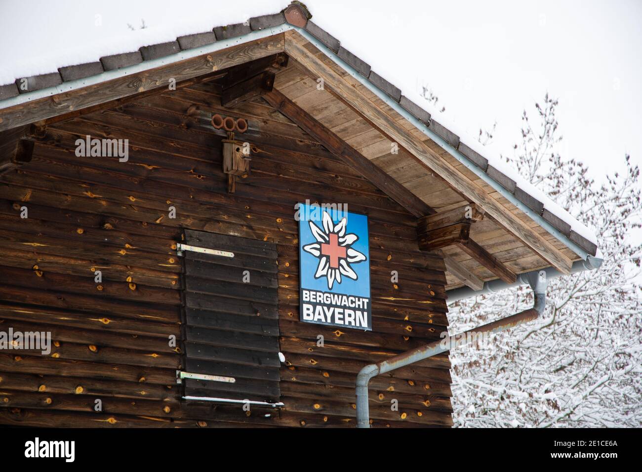 Logo of 'Bergwacht Bayern' ona hut near Riedenberg, Bavaria Stock Photo