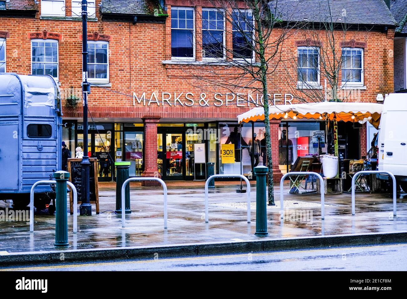 Epsom Surrey, London UK January 06 2021, Marks And Spencer High Street Retailer Shop Front Stock Photo