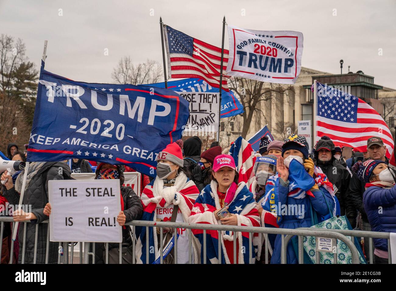 Washington, United States. 06th Jan, 2021. Pro-Trump supporters gather for a protest against the Electoral College vote count that would certify President-elect Joe Biden as the winner in Washington, DC on Wednesday, January 6, 2021. Under federal law, Jan. 6 is the date Electoral College votes determining the next president are counted in a joint session of Congress. Photo by Ken Cedeno/UPI Credit: UPI/Alamy Live News Stock Photo
