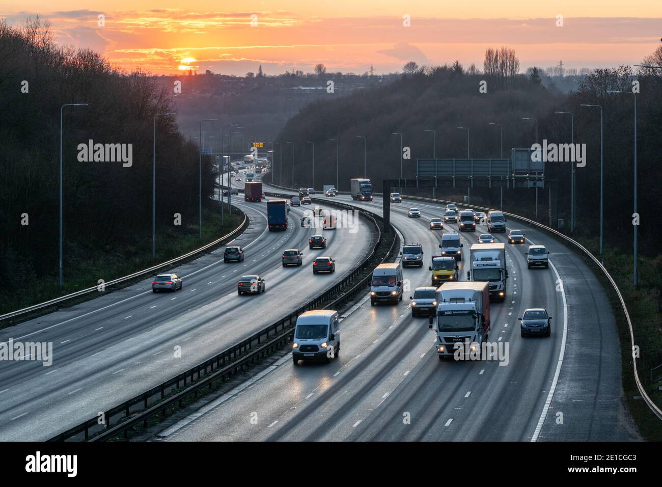 Manchester, England, UK. 6th Jan 2021. The sun sets after a clear, cold