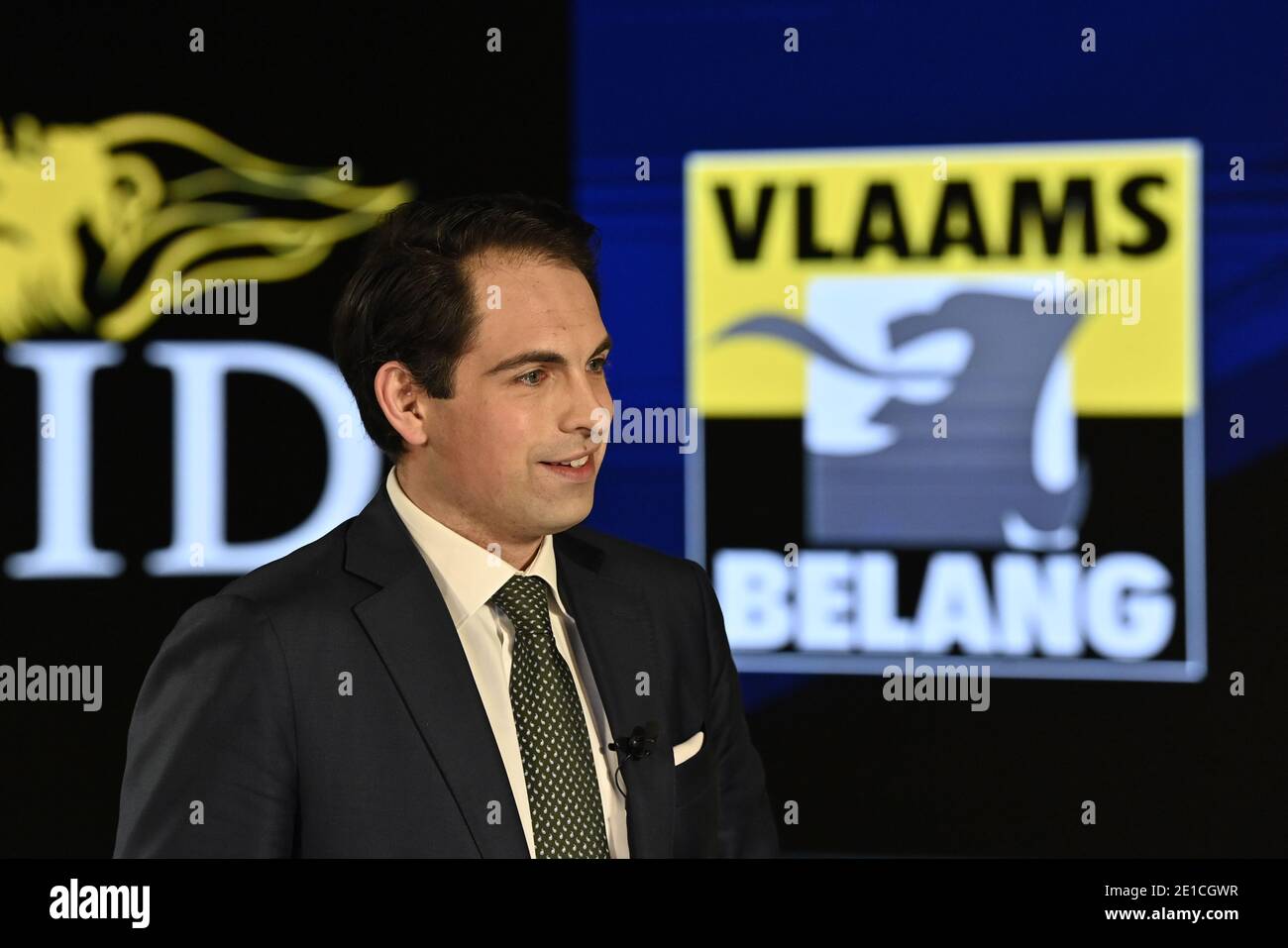 Vlaams Belang chairman Tom Van Grieken pictured ahead of the registration  and online broadcast of the new year's reception of Flemish far right party  Stock Photo - Alamy