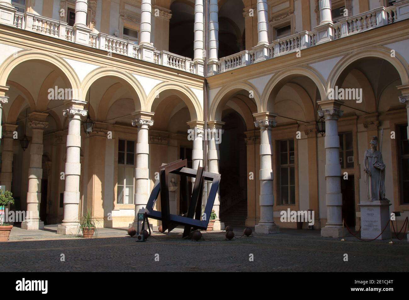 Turin, Italy - september 2020: baroque arcades in the inner courtyard of the rectory building in central Po street Stock Photo