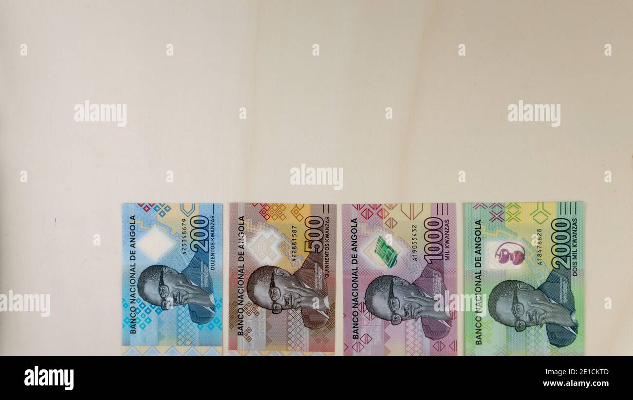 Overhead shot of Angolan Kwanzas banknotes new series launched at the end of 2020 Stock Photo