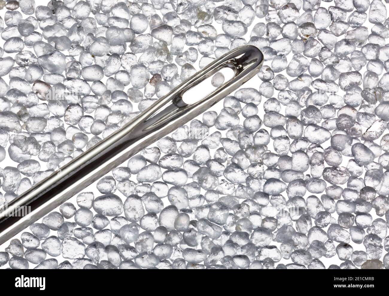 Sand in the eye of a needle magnified at 5x magnification photographed on a white background Stock Photo