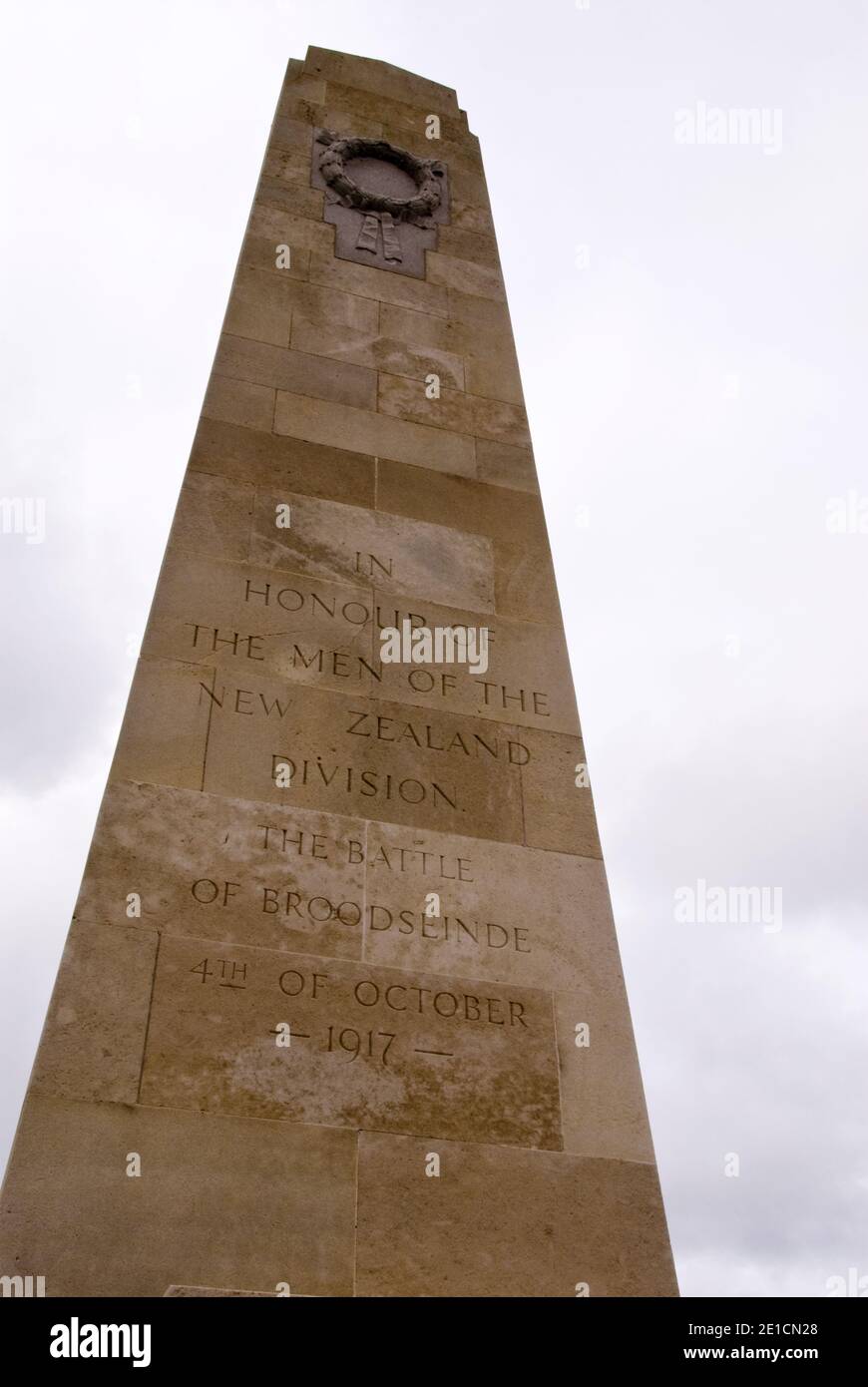 The New Zealand Division monument at Zonnebeke, near Ypres, dedicated to the New Zealand Division that fought in the Battle of Broodseinde, 1917. Stock Photo