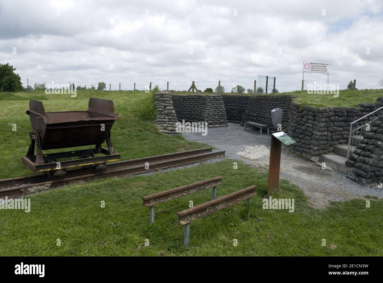 Battlefield railway artifacts at the “Trench of Death,” a preserved section of WW1 military trenches at Diksmuide, Belgium. Stock Photo