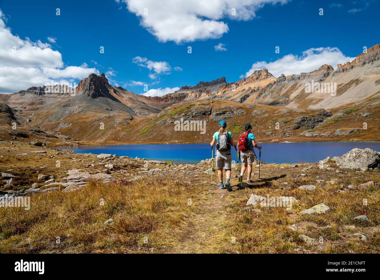 Two hikers near Blue Lake, San Juan Mountains, Colorado, USA Stock Photo