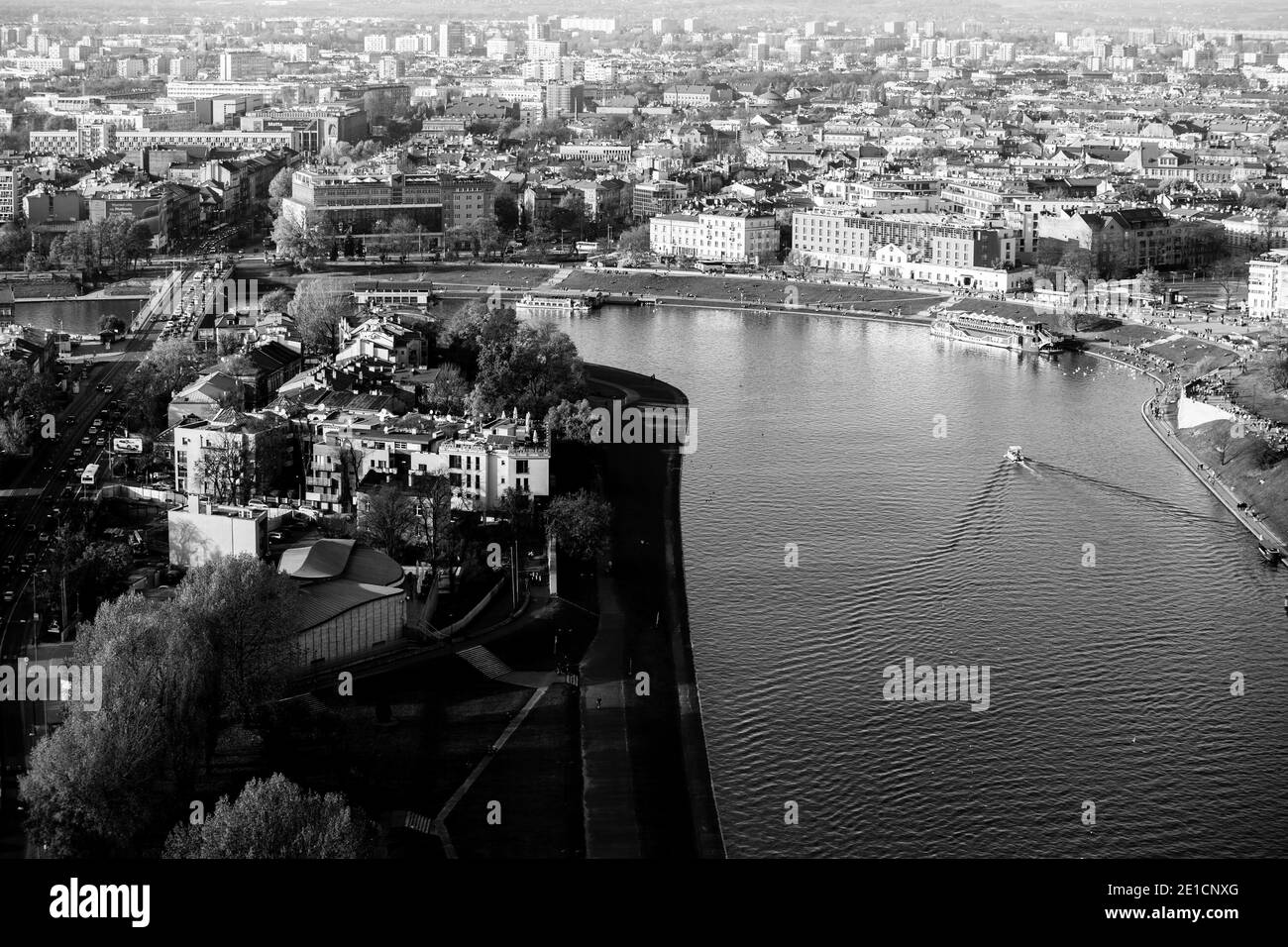 Arial view of the Vistula River in Krakow, Poland. Black and white photo. Stock Photo