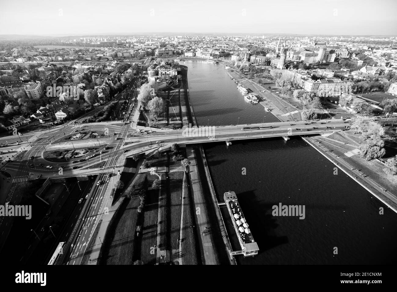 Arial view of the Vistula River in Krakow, Poland. Black and white photo. Stock Photo