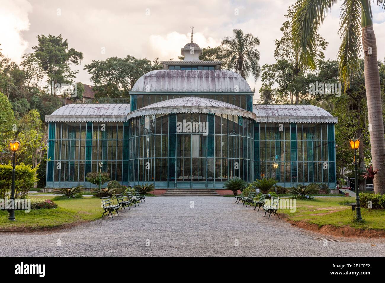 Palacio de Cristal (Crystal Palace) with beautiful metal and glass work architecture in the historic imperial city of Petrópolis, in the mountains of Stock Photo