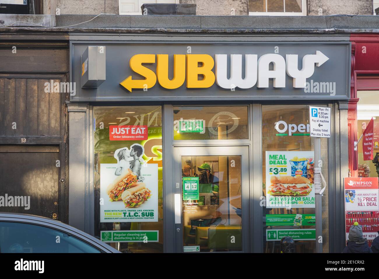 Edinburgh, Scotland - January 6 2021: Subway location at Raeburn Place in Stockbridge, Edinburgh. Subway is a large American fast food chain. Stock Photo