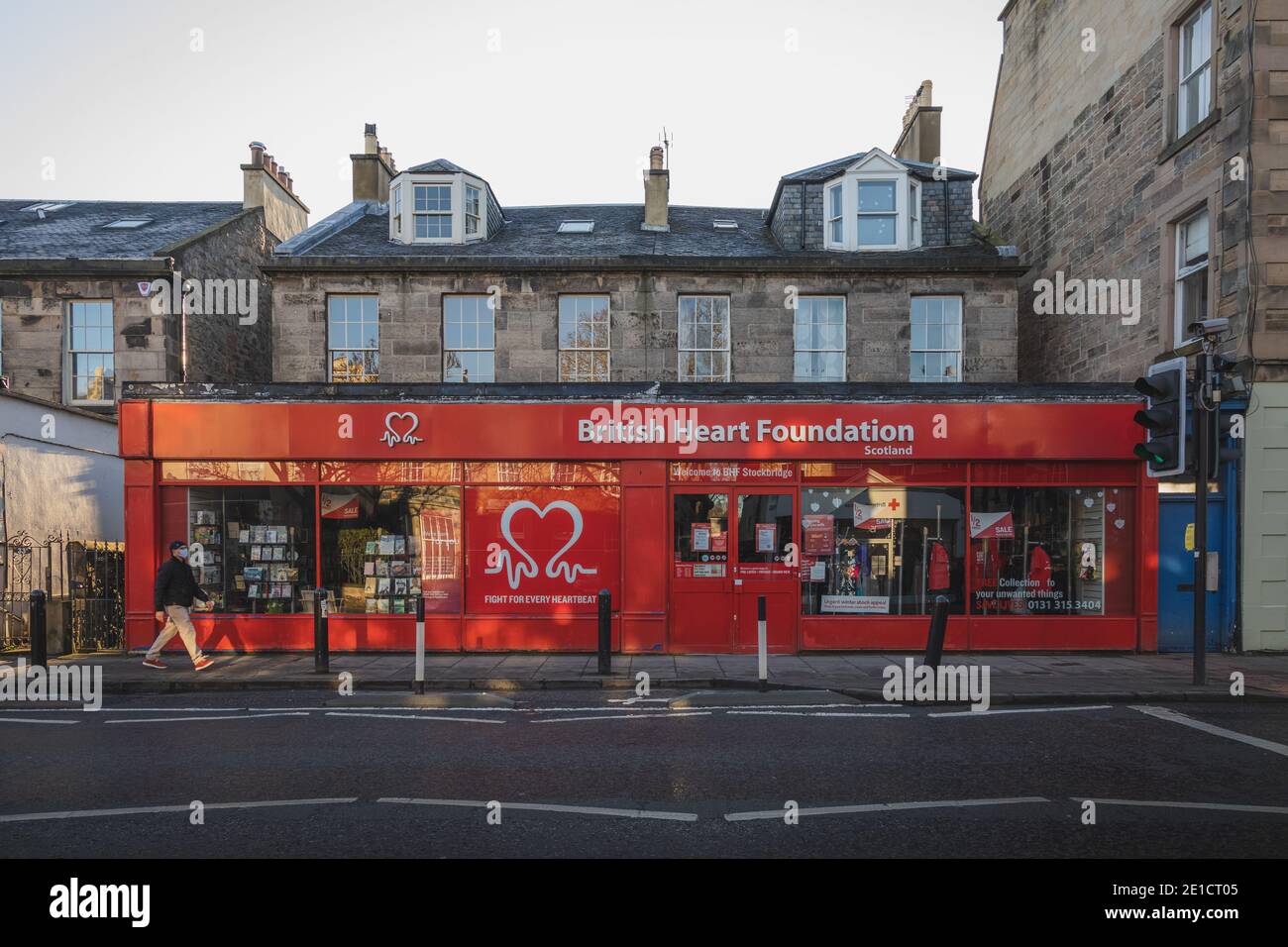 Edinburgh, Scotland - January 6 2021: The British Heart Foundation shopfront at Raeburn Place in Edinburgh, Scotland one of many charity shops in the Stock Photo