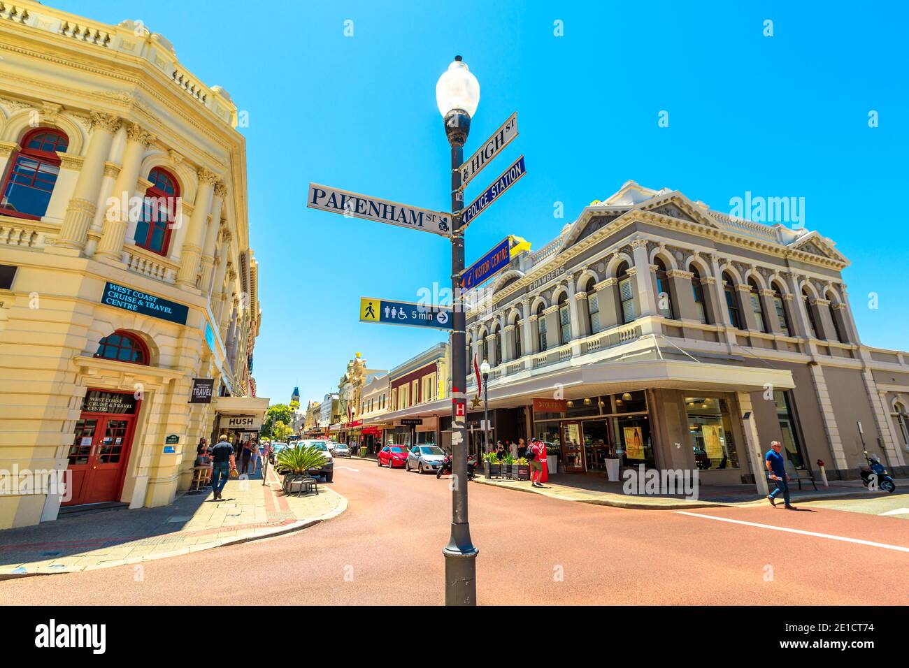 Fremantle, Western Australia - Jan 2, 2018: street lamp and sign in High Street the main street of Fremantle. The street passes by historic landmarks Stock Photo
