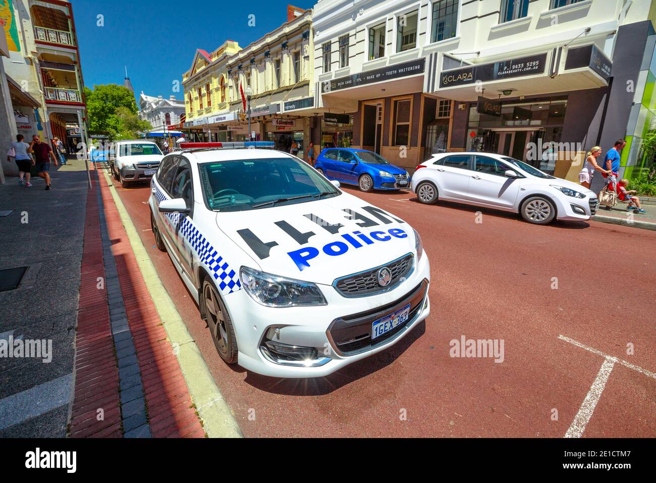 Fremantle, Western Australia, Australia - Jan 2, 2018: perspective view of an Australian police car parked in the historic center of Fremantle, among Stock Photo